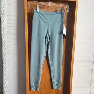 Teal blue High-Waisted Leggings with Lace Trim